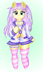 Size: 830x1371 | Tagged: safe, artist:cabrony, fluttershy, anthro, semi-anthro, clothes, crossover, cute, hyperdimension neptunia, nepgear, sailor uniform, socks, solo, striped socks