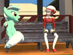 Size: 1024x768 | Tagged: safe, artist:php74, lyra heartstrings, human, 3d, bench, crossover, gmod, kotone, lyra (pokemon), namesake, pokémon, sitting lyra