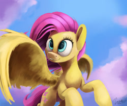 Size: 1900x1578 | Tagged: safe, artist:insanerobocat, fluttershy, pegasus, pony, cloud, female, flying, mare, signature, sky, smiling, solo