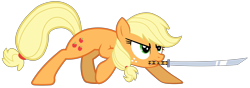 Size: 7996x2818 | Tagged: safe, artist:justisanimation, artist:mysteryben, applejack, earth pony, pony, absurd resolution, katana, mouth hold, rhythm is magic, simple background, solo, sword, transparent background, vector, weapon