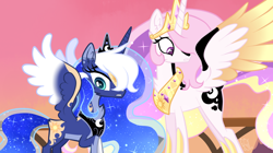 Size: 1276x716 | Tagged: safe, artist:sugaryicecreammlp, princess celestia, princess luna, alicorn, pony, a royal problem, alternate design, alternate universe, chest fluff, colored wings, colored wingtips, duo, ethereal mane, female, mare, royal sisters, sisters, starry mane, swapped cutie marks