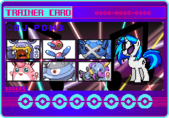 Size: 246x172 | Tagged: safe, artist:seaandsunshine, dj pon-3, vinyl scratch, pony, unicorn, illumise, loudred, magnezone, metagross, pokémon, pokémon team, porygon z, trainer card, wigglytuff