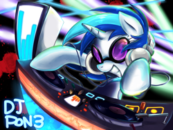 Size: 1024x768 | Tagged: safe, artist:ichigoaimin, dj pon-3, vinyl scratch, pony, unicorn, glow, headphones, pixiv, solo, turntable