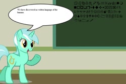 Size: 886x588 | Tagged: safe, lyra heartstrings, pony, unicorn, chalkboard, female, horn, human studies101 with lyra, mare, meme