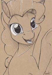 Size: 1735x2467 | Tagged: safe, artist:fanch1, pinkie pie, earth pony, pony, bust, female, inked, looking at you, mare, open mouth, portrait, raised hoof, sketch, smiling, solo, traditional art, underhoof