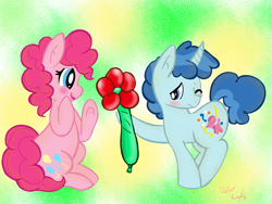 Size: 1200x900 | Tagged: safe, artist:pinkiepiegasm, party favor, pinkie pie, earth pony, pony, balloon, female, flower, male, one eye closed, partypie, shipping, sitting, straight