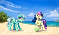 Size: 1500x900 | Tagged: safe, artist:kp-shadowsquirrel, bon bon, lyra heartstrings, sweetie drops, earth pony, pony, unicorn, ball, beach, cloud, duo, eyes closed, female, mare, open mouth, sand, sky, water