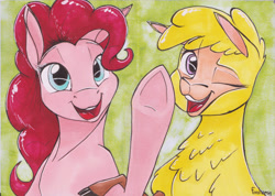 Size: 2461x1756 | Tagged: safe, artist:fanch1, paprika paca, pinkie pie, alpaca, earth pony, pony, them's fightin' herds, abstract background, alcohol markers, cloven hooves, community related, crossover, female, markers, one eye closed, open mouth, raised hoof, smiling, traditional art, wink