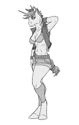 Size: 632x1000 | Tagged: safe, artist:akweer, rarity, anthro, unguligrade anthro, unicorn, alternate hairstyle, armpits, belly button, belt, bikini, bikini top, breasts, cleavage, clothes, female, leather vest, mare, midriff, monochrome, punk, raripunk, raritits, shorts, simple background, sketch, solo, swimsuit, vest, white background