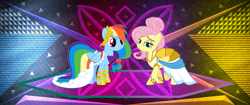 Size: 3440x1440 | Tagged: safe, artist:dashiesparkle edit, artist:jhayarr23, artist:laszlvfx, derpibooru import, edit, fluttershy, rainbow dash, pegasus, pony, clothes, dress, gala dress, wallpaper, wallpaper edit, warrior of inner strength, warriorshy