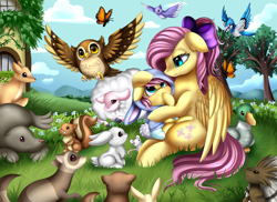 Size: 3509x2550 | Tagged: safe, artist:pridark, fluttershy, oc, pegasus, pony, alternate hairstyle, animal, baby, baby pony, bow, clothes, commission, cute, female, fluttershy's cottage, grass, hair bow, holding, hoodie, mother and child, mother and son, offspring, parent and child, parent:fluttershy, shyabetes, sitting