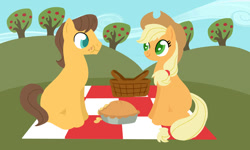 Size: 900x540 | Tagged: safe, artist:maddaimond255, applejack, caramel, earth pony, pony, apple, apple pie, apple tree, carajack, eating, female, food, male, picnic, picnic basket, picnic blanket, pie, shipping, straight, tree