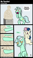 Size: 1024x1800 | Tagged: safe, artist:hardcyder, bon bon, lyra heartstrings, sweetie drops, accidental vandalism, bon bon is not amused, comic, oops, statue