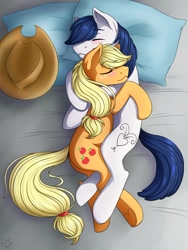 Size: 774x1031 | Tagged: safe, artist:nothingspecialx9, applejack, oc, oc:constance everheart, earth pony, pony, bed, blushing, canon x oc, cuddling, everjack, pillow, shipping, sleeping, snuggling