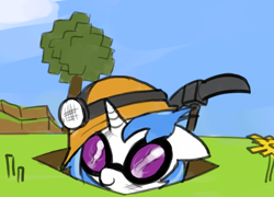 Size: 674x486 | Tagged: safe, artist:valcron, dj pon-3, vinyl scratch, pony, unicorn, crossover, dirty, headlamp, helmet, minecraft, mining helmet, pickaxe, solo