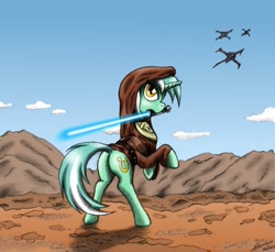 Size: 2400x2195 | Tagged: safe, artist:kh0nan, lyra heartstrings, pony, unicorn, clothes, female, jedi, lightsaber, mare, mouth hold, obi-wan kenobi, rearing, solo, star wars, underhoof