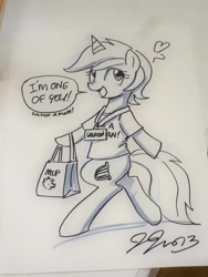 Size: 750x1000 | Tagged: safe, artist:johnjoseco, lyra heartstrings, pony, unicorn, bag, bipedal, clothes, convention, disguise, galacon, heart, humie, roleplaying, seems legit, shirt, sketch, solo, t-shirt