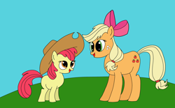 Size: 3150x1954 | Tagged: safe, artist:darelith, apple bloom, applejack, earth pony, pony, accessory swap, open mouth, sisters