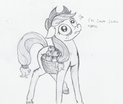 Size: 1706x1452 | Tagged: safe, artist:paskanaakka, derpibooru exclusive, applejack, earth pony, pony, applebuck season, mismatched eyes, mlp rewind art challenge, monochrome, silly, silly pony, sketch, solo, thousand yard stare, traditional art, who's a silly pony