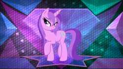 Size: 3840x2160 | Tagged: safe, artist:hoyota, artist:laszlvfx, derpibooru import, edit, amethyst star, sparkler, pony, unicorn, alternate hairstyle, bedroom eyes, cutie mark, female, high res, mare, raised hoof, solo, wallpaper, wallpaper edit