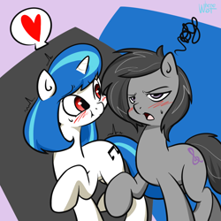 Size: 1000x1000 | Tagged: safe, artist:wherewolfs, dj pon-3, octavia melody, vinyl scratch, earth pony, pony, alternate hairstyle, blushing, grin, heart, lidded eyes, mane swap, octavia is not amused, open mouth, raised hoof, red eyes, smiling, sweat, unamused