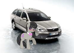 Size: 1024x736 | Tagged: safe, artist:shadownewdash, artist:wsd-brony, edit, octavia melody, earth pony, pony, blushing, bowtie, car, female, mare, namesake, pun, skoda, skoda octavia, solo, station wagon