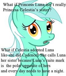 Size: 436x504 | Tagged: safe, lyra heartstrings, pony, unicorn, conspiracy, conspiracy lyra, exploitable meme, female, green coat, horn, looking at you, mare, meme, nondrama, open mouth, simple background, solo, text, two toned mane, weird, white background