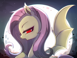 Size: 1024x778 | Tagged: safe, artist:9seconds, fluttershy, bat pony, pony, fangs, female, flutterbat, full moon, looking at you, mare, moon, night, race swap, red eyes, solo, spread wings, wings