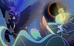 Size: 4000x2500 | Tagged: safe, artist:corrumi, nightmare moon, princess celestia, alicorn, pony, crown, eclipse, female, jewelry, magic, mare, regalia