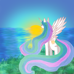 Size: 1024x1024 | Tagged: safe, artist:bobisia, princess celestia, alicorn, pony, female, mare, solo, sunset, traditional art