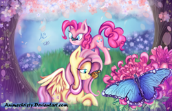 Size: 1024x663 | Tagged: safe, artist:animechristy, part of a set, fluttershy, pinkie pie, butterfly, earth pony, pegasus, pony, crossed hooves, female, grass, mare, scenery, seasons, signature, spring, tree