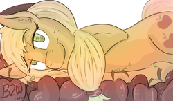 Size: 900x526 | Tagged: safe, artist:bow2yourwaifu, applejack, earth pony, pony, apple, bedroom eyes, food, looking at you, on side, seductive, smiling, solo, tired