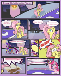 Size: 1024x1280 | Tagged: safe, artist:yoshimarsart, fluttershy, pinkie pie, oc, oc:prince azeran, earth pony, pegasus, pony, cardboard cutout, comic, saddle arabia, watermark