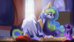 Size: 1920x1080 | Tagged: safe, artist:hierozaki, princess celestia, twilight sparkle, alicorn, pony, unicorn, cute, duo, female, filly, horn, indoors, looking at each other, mare, momlestia, size difference, smiling, wings, younger