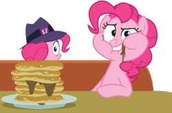 Size: 6200x4100 | Tagged: safe, artist:tomfraggle, pinkie pie, earth pony, pony, the saddle row review, absurd resolution, clone, food, hat, looking back, pancakes, pinkie clone, simple background, transparent background, vector