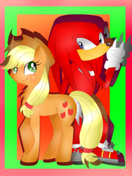 Size: 1024x1365 | Tagged: safe, artist:abrilelizabeth, artist:diamond--rose, applejack, earth pony, pony, crossover, knuckles the echidna, sonic the hedgehog (series)