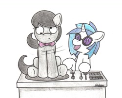 Size: 995x803 | Tagged: safe, artist:bobthedalek, dj pon-3, octavia melody, vinyl scratch, earth pony, pony, unicorn, dizzy, duo, spinning, turntable, turntable pony, you spin me right round