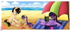 Size: 1348x593 | Tagged: safe, artist:blackfreya, derpibooru import, twilight sparkle, twilight sparkle (alicorn), oc, oc:mayday parker sparkle, alicorn, pony, beach, beach ball, braid, crossover, crossover shipping, cute, family, father and child, father and daughter, female, filly, glasses, male, mare, marriage, married couple, mother and child, mother and daughter, offspring, parent and child, parent:peter parker, parent:twilight sparkle, parents:spidertwi, peter parker, ponified, sand, sandcastle, shipping, spider-man, spiders and magic ii: eleven months, spiders and magic iii: days of friendship past, spiders and magic: rise of spider-mane, spidertwi, sunglasses, umbrella