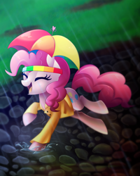 Size: 2162x2700 | Tagged: safe, artist:scarlet-spectrum, pinkie pie, pony, cute, diapinkes, eyes closed, hat, open mouth, rain, raincoat, smiling, solo, splash, umbrella hat, water