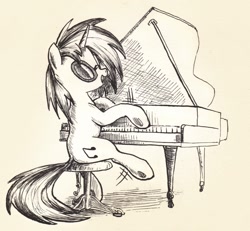 Size: 1624x1501 | Tagged: safe, artist:mcstalins, dj pon-3, vinyl scratch, pony, unicorn, monochrome, piano, solo, traditional art