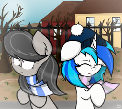 Size: 1341x1202 | Tagged: safe, artist:kristysk, dj pon-3, octavia melody, vinyl scratch, windy (g5), earth pony, pony, clothes, hat, scarf