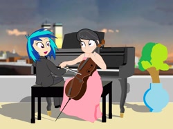 Size: 1036x772 | Tagged: safe, artist:garretthegarret, dj pon-3, octavia melody, vinyl scratch, equestria girls, cello, musical instrument, new york, new york city, piano