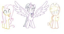Size: 2220x1200 | Tagged: safe, artist:deannaphantom13, applejack, fluttershy, twilight sparkle, twilight sparkle (alicorn), alicorn, earth pony, pegasus, pony, colored lineart, female, lineart, mare, simple background, solo, spread wings, transparent background, wings