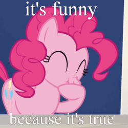 Size: 524x524 | Tagged: safe, edit, edited screencap, screencap, pinkie pie, earth pony, pony, 28 pranks later, animated, cropped, cute, diapinkes, eyes closed, female, gif, giggling, image macro, laughing, mare, meme, nose wrinkle, reaction image, scrunchy face, solo, twilight's castle