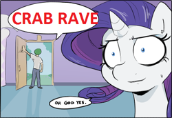 Size: 449x308 | Tagged: safe, artist:shoutingisfun, edit, editor:redweasel, rarity, oc, oc:anon, pony, unicorn, 1000 hours in gimp, anon's grand entrance, carousel boutique, door, exploitable, exploitable meme, good end, meme, shrunken pupils, smiling, speech bubble, sweat, this will end in snu snu, yes