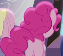 Size: 379x339 | Tagged: safe, screencap, fluttershy, pinkie pie, earth pony, pegasus, pony, princess twilight sparkle (episode), back of head, balloonbutt, cropped, female, mare, missing cutie mark, plot, solo focus