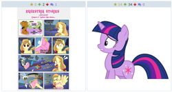 Size: 514x276 | Tagged: safe, derpibooru import, discord, twilight sparkle, oc, oc:alice goldenfeather, draconequus, book, comic, derpibooru, exploitable meme, juxtaposition, juxtaposition win, meme, meta