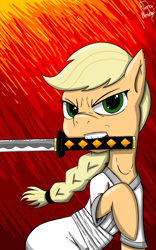 Size: 2800x4500 | Tagged: safe, artist:fiercewendigo, applejack, earth pony, pony, absurd resolution, cartoon network, clothes, crossover, mouth hold, raised hoof, samurai, samurai applejack, samurai jack, signature, solo, sword, weapon