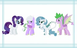 Size: 1024x640 | Tagged: safe, artist:michellminor, rarity, spike, oc, oc:emerald, oc:skylash, dracony, dragon, hybrid, pony, unicorn, base used, family, female, interspecies offspring, male, missing cutie mark, offspring, older, older spike, parent:rarity, parent:spike, parents:sparity, shipping, sparity, straight