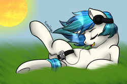 Size: 1200x800 | Tagged: safe, artist:rainbowdrool, dj pon-3, vinyl scratch, pony, unicorn, headphones, ipod, music, on back, solo